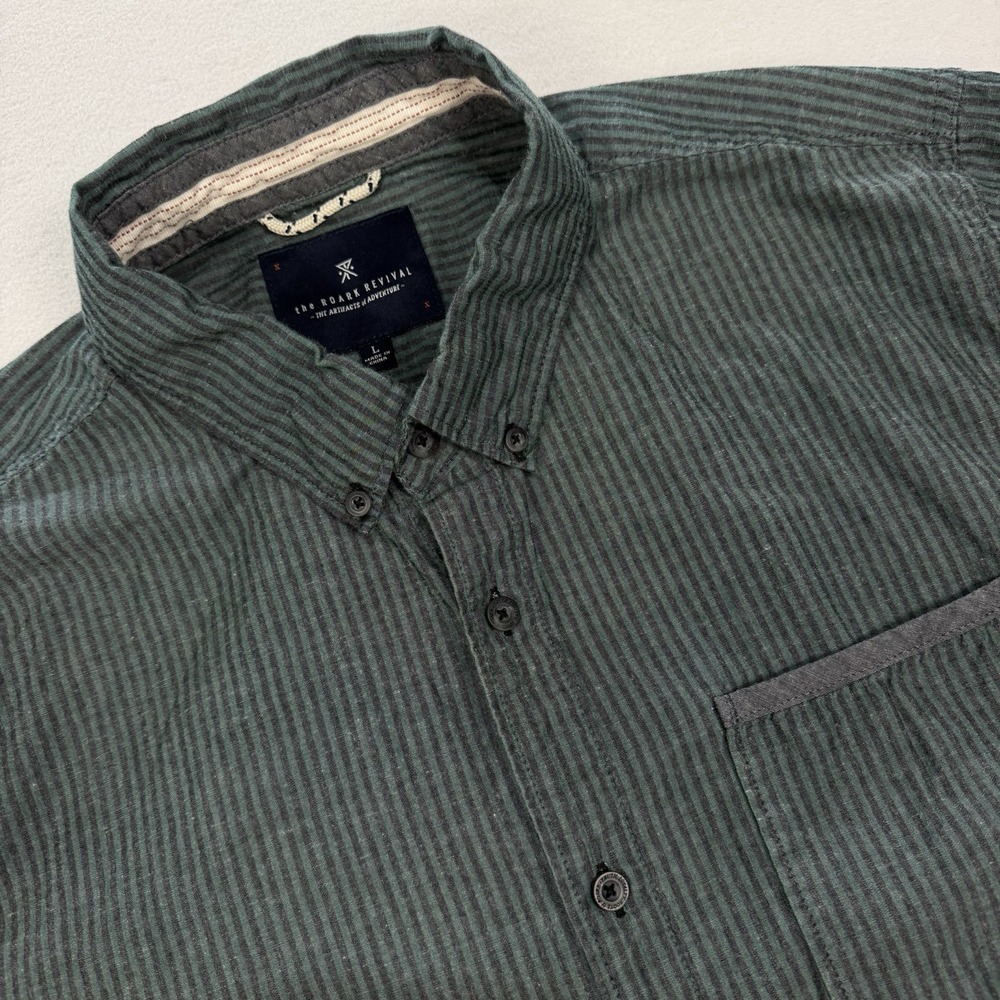 Roark Revival Mens Medium Short Sleeve Button Front Pocket Shirt Green Striped